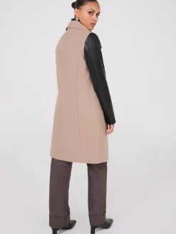 Mid-Length Coat With Faux Leather Details