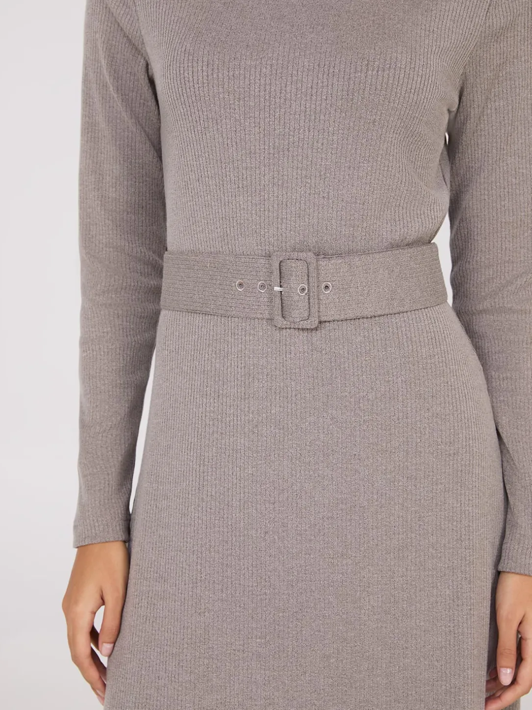 Mock Neck Belted Melange Midi Dress