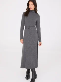 Mock Neck Belted Melange Midi Dress
