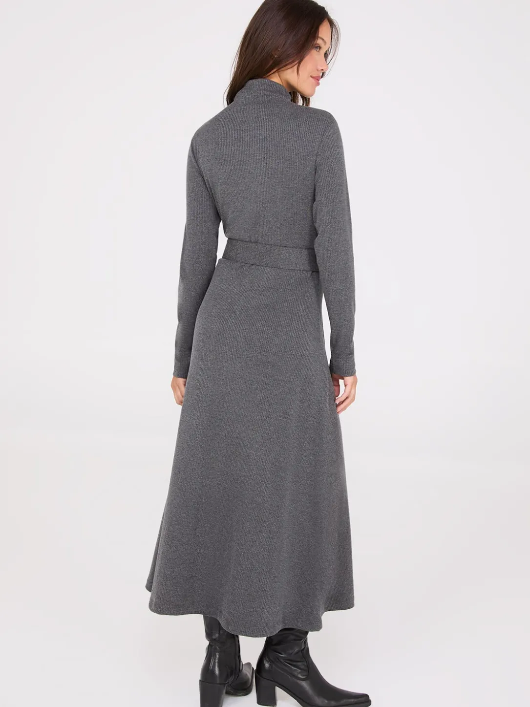 Mock Neck Belted Melange Midi Dress