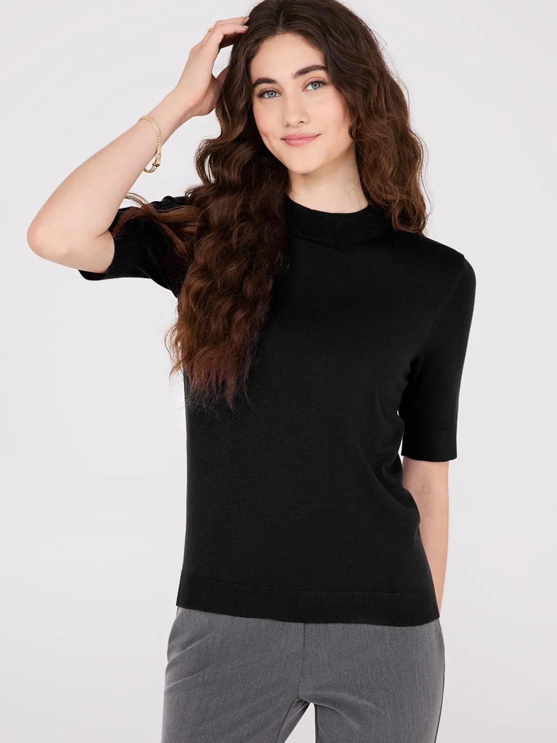 Mock Neck Elbow Sleeve Top