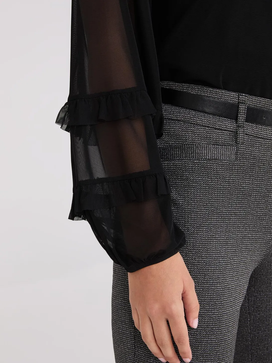 Mock Neck Mesh Top With Ruffle Details