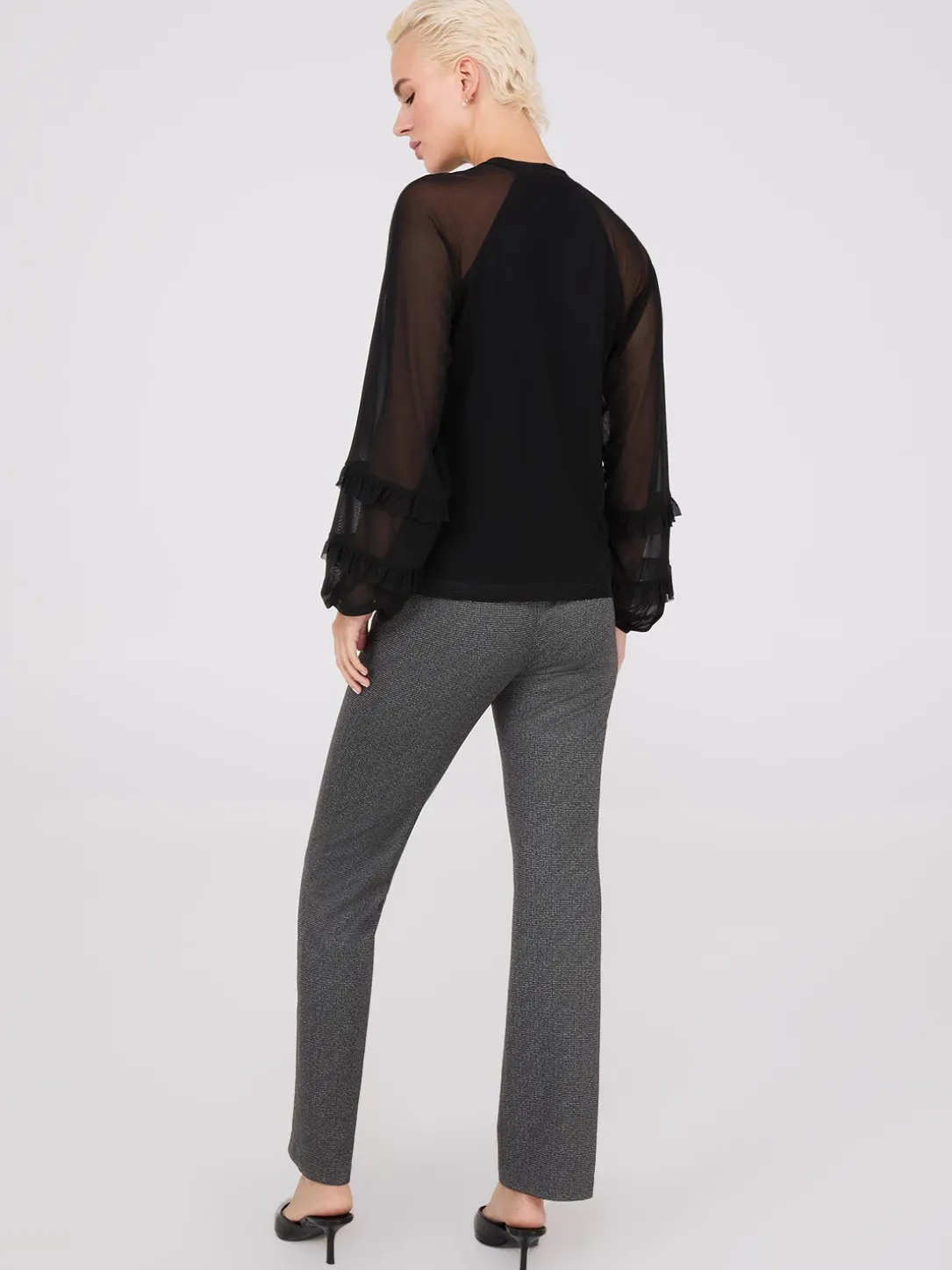 Mock Neck Mesh Top With Ruffle Details