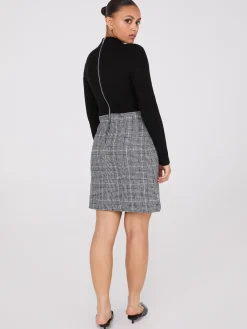 Mock Neck Plaid A-Line 2-Fer Mini Dress