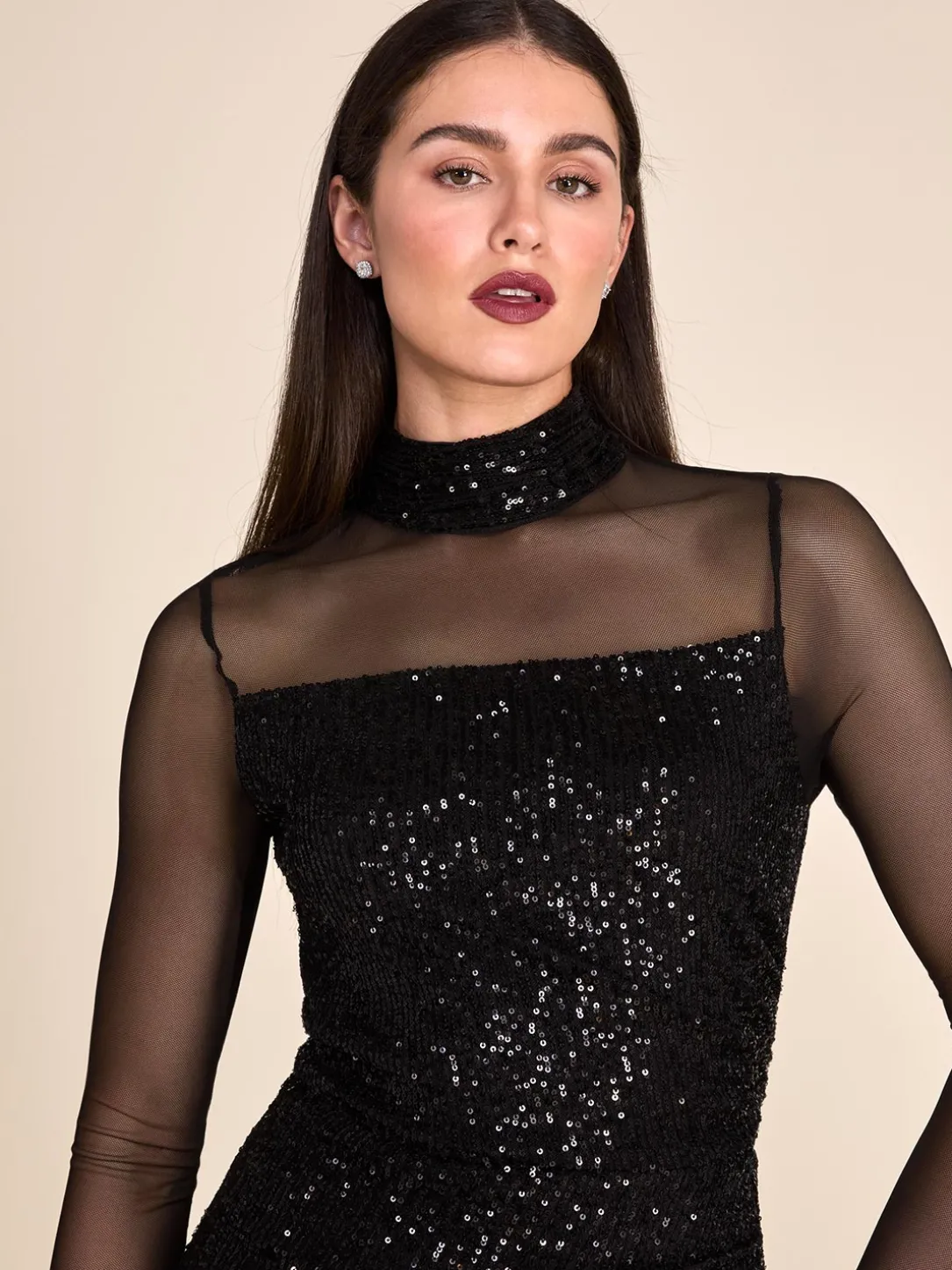 Mock Neck Sequin Column Gown