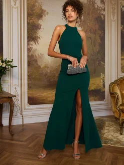 Mock Neck Sleeveless Gown With Front Slit
