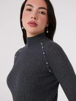 Mock Neck Sweater With Pearl Details