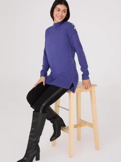 Mock Neck Tunic Sweater With Button Details