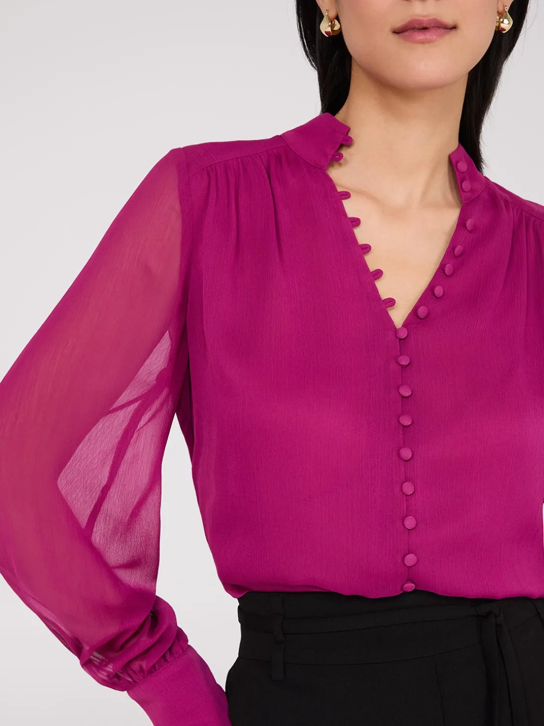 Nehru Collar Button-Front Chiffon Blouse