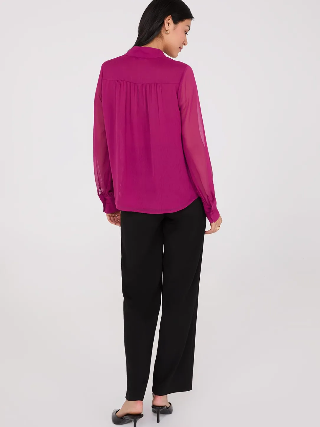 Nehru Collar Button-Front Chiffon Blouse