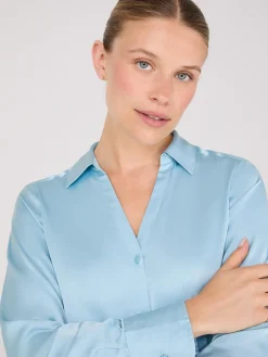 Notch Collar Button-Front Satin Blouse