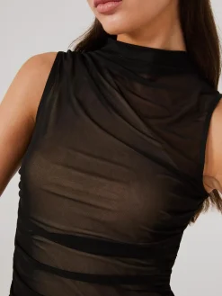 One-Shoulder Mock Neck Top With Mesh Overlay