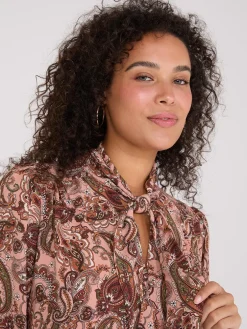Paisley Print Button-Front Bow Blouse