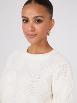 Pearl Embellished Diamond Cable Sweater