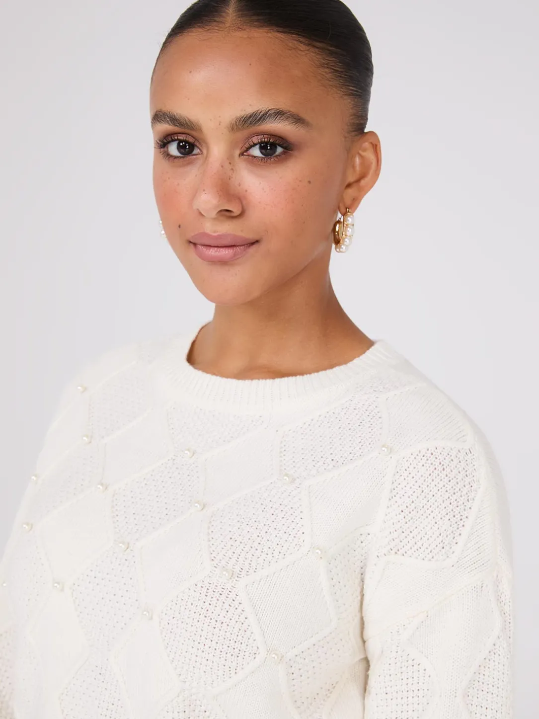 Pearl Embellished Diamond Cable Sweater