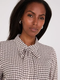 Plaid Button-Front Chiffon Blouse With Removable Tie