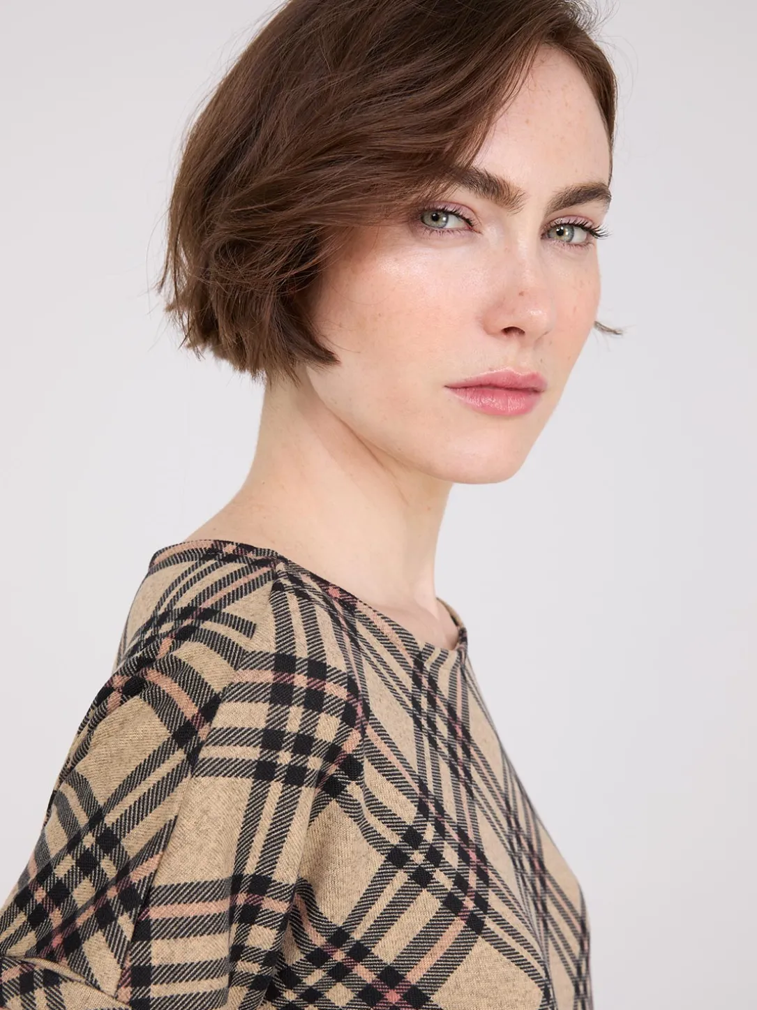 Plaid Cuffed Dolman Sleeve T-Shirt
