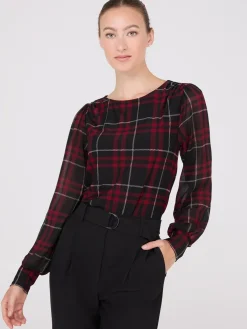 Plaid Long Chiffon Sleeve Boat Neck Top