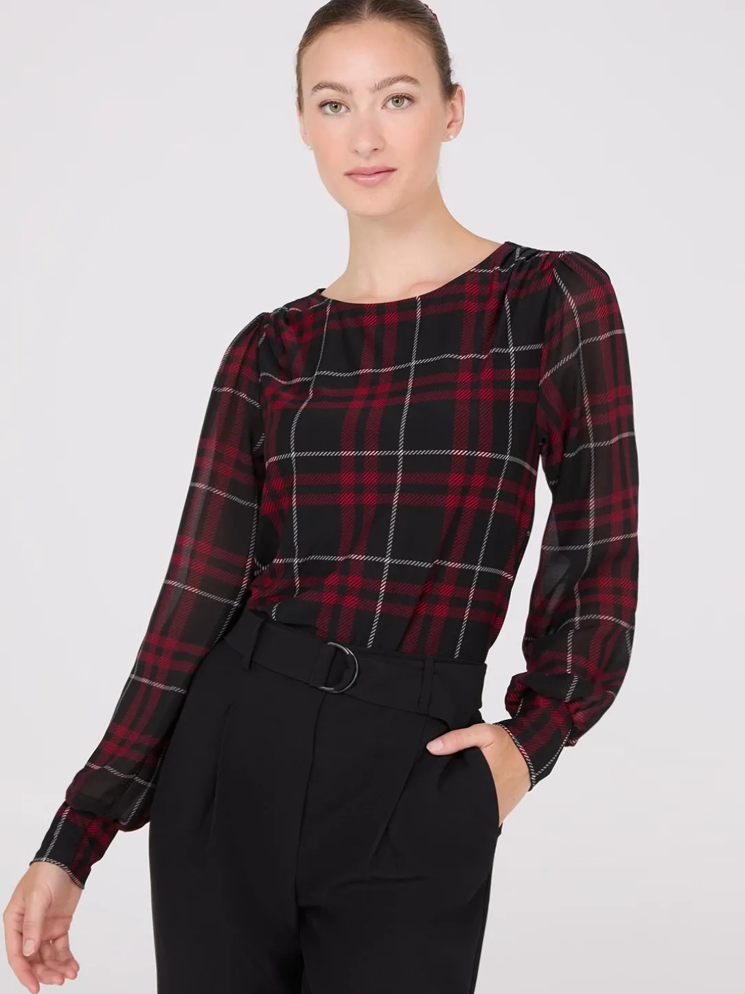 Plaid Long Chiffon Sleeve Boat Neck Top