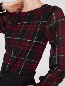 Plaid Long Chiffon Sleeve Boat Neck Top