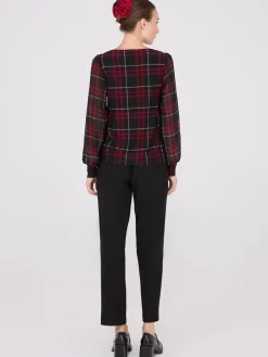 Plaid Long Chiffon Sleeve Boat Neck Top