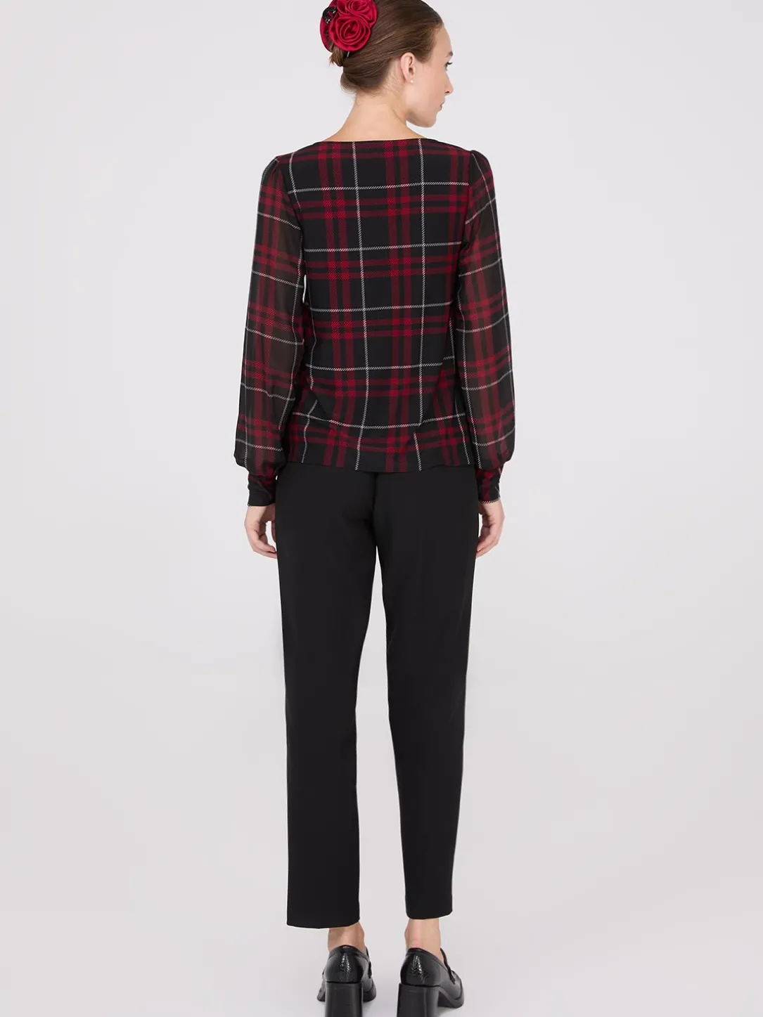 Plaid Long Chiffon Sleeve Boat Neck Top