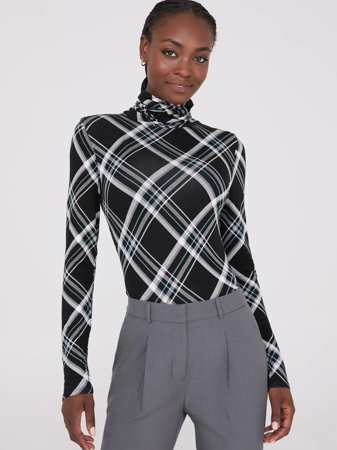 Plaid Long Sleeve Turtleneck Top