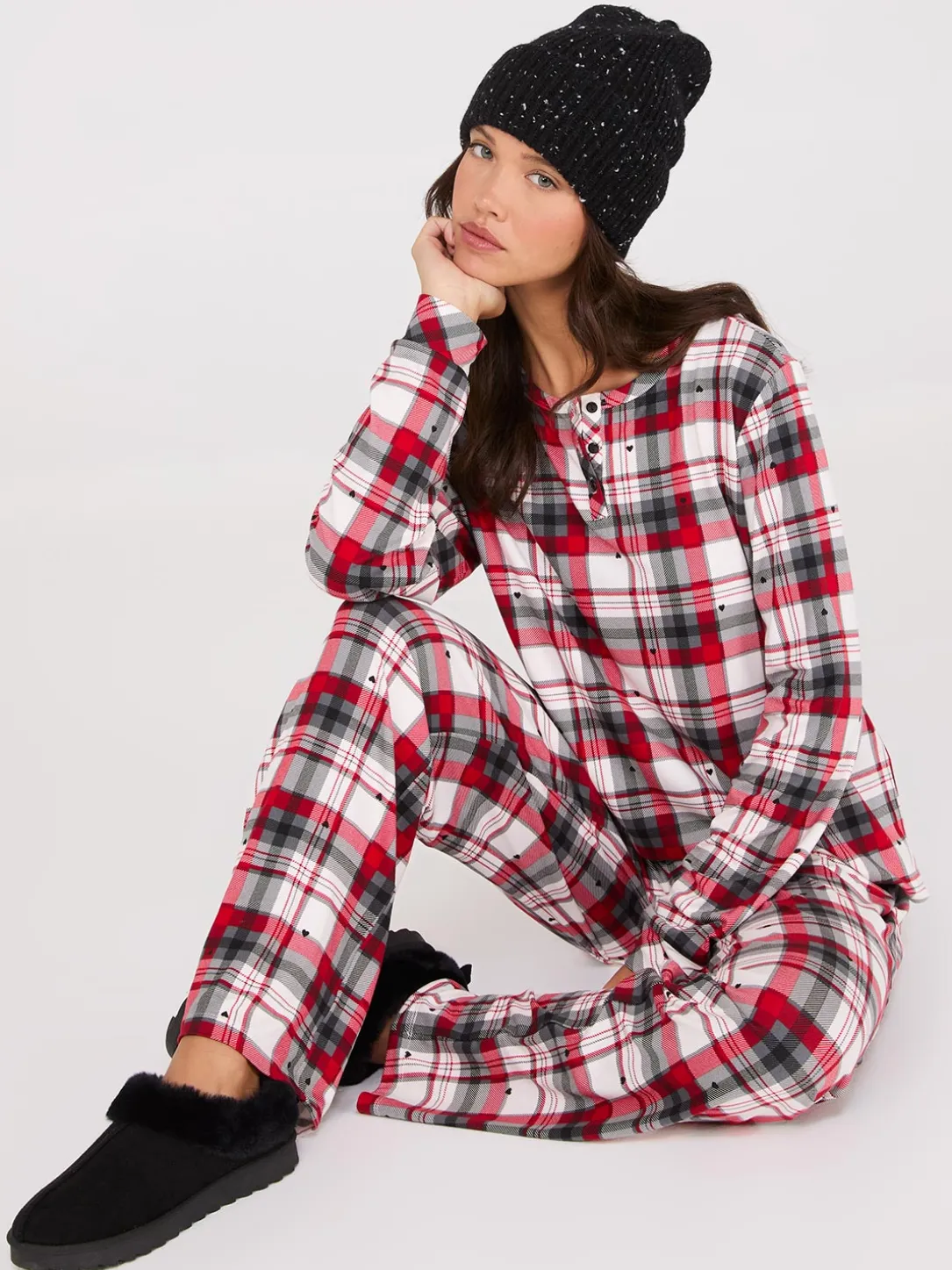 Plaid Print Henley Pajama Set