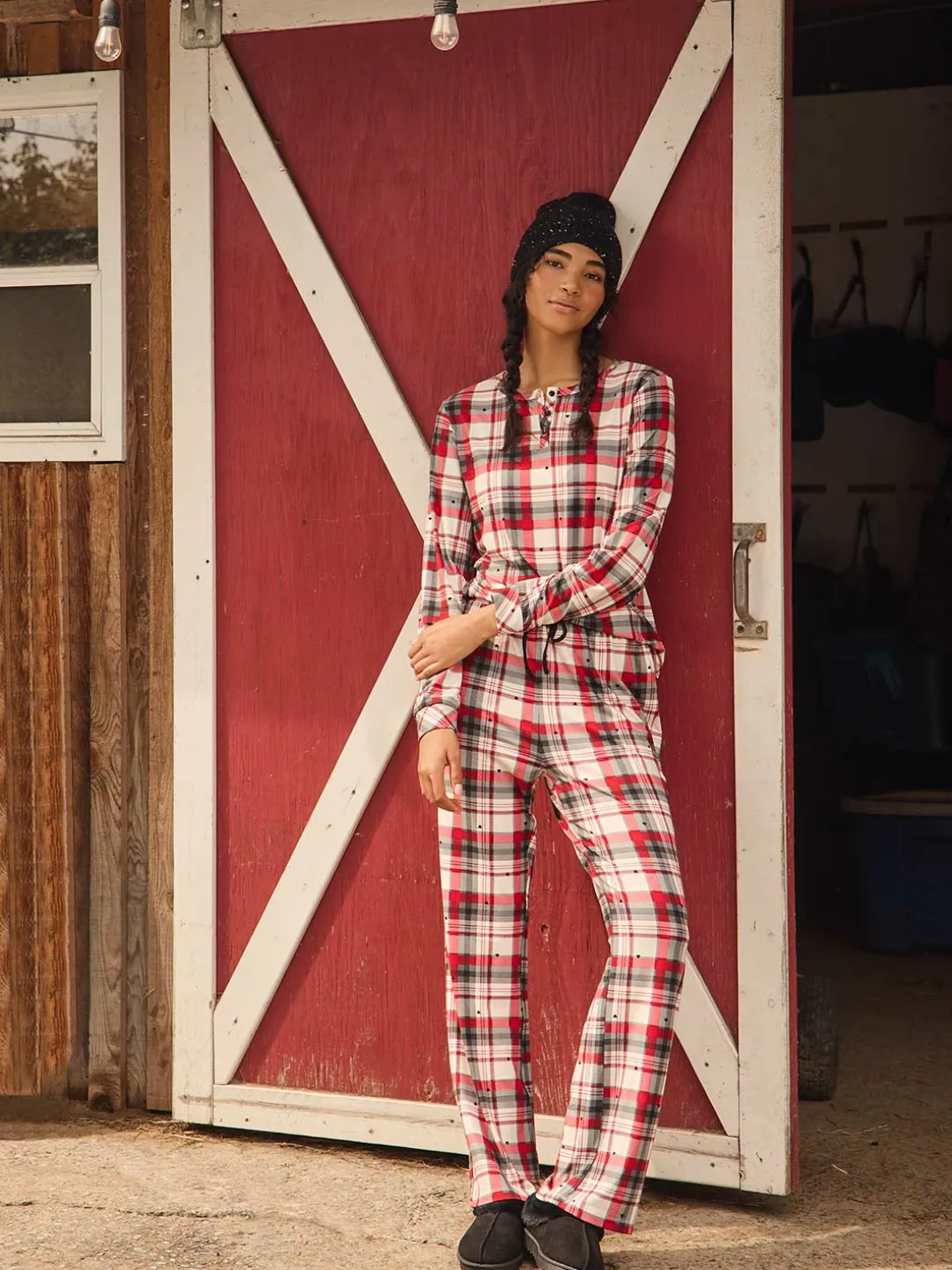 Plaid Print Henley Pajama Set