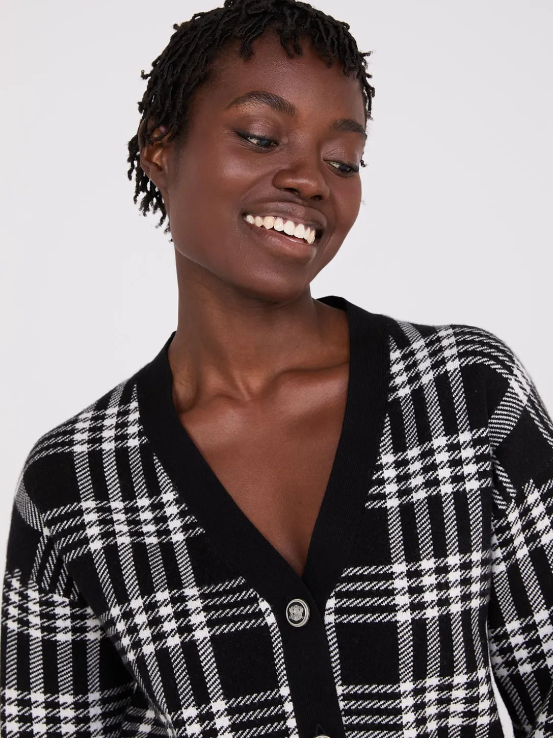 Plaid V-Neck Knit Cardigan