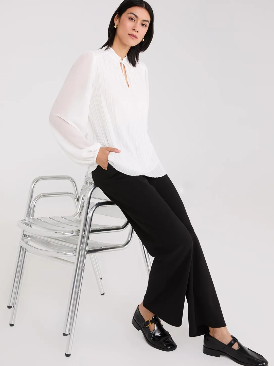 Pleated Chiffon Split Neck Blouse