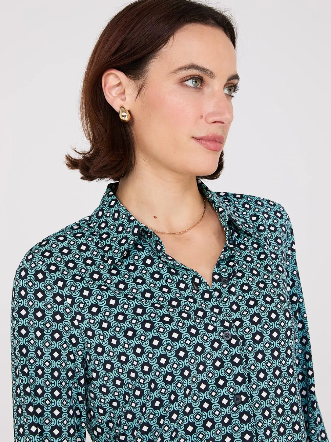 Printed Button-Front Classic Blouse