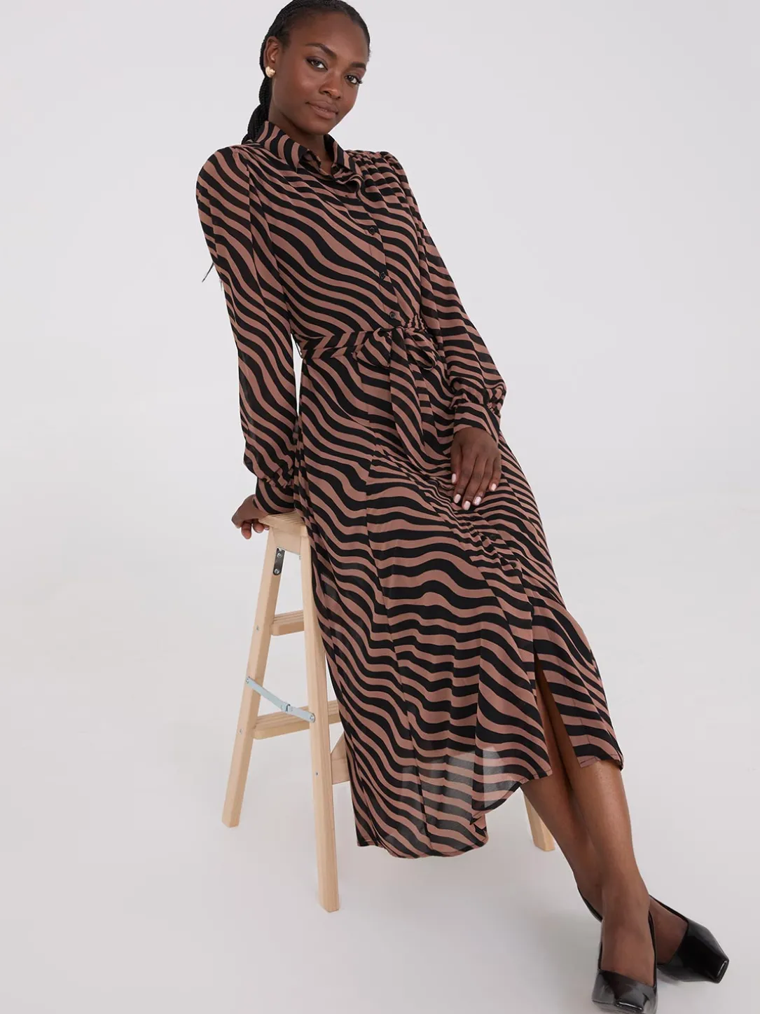 Printed Chiffon Maxi Shirt Dress