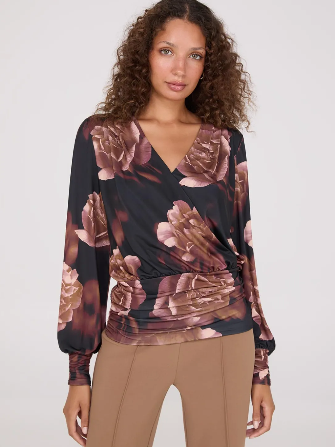 Printed Crossover Top With Ruched Details