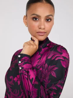 Printed Long Balloon Sleeve Mock Neck Blouse