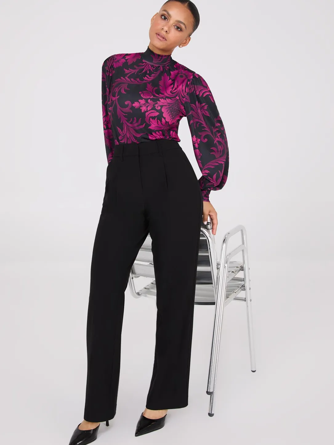 Printed Long Balloon Sleeve Mock Neck Blouse