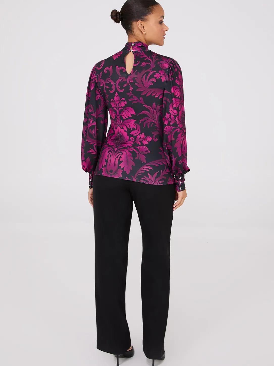 Printed Long Balloon Sleeve Mock Neck Blouse