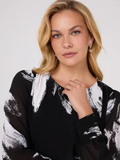 Printed Long Chiffon Sleeve Boat Neck Top