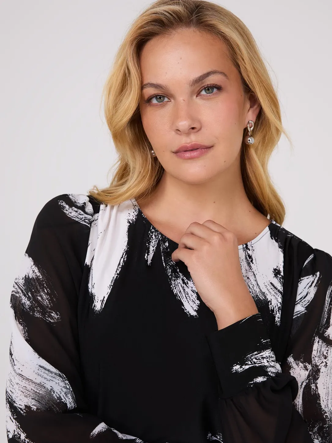 Printed Long Chiffon Sleeve Boat Neck Top