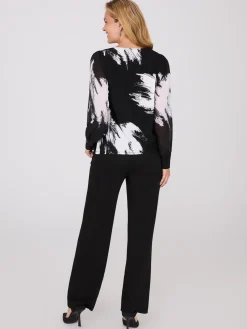 Printed Long Chiffon Sleeve Boat Neck Top