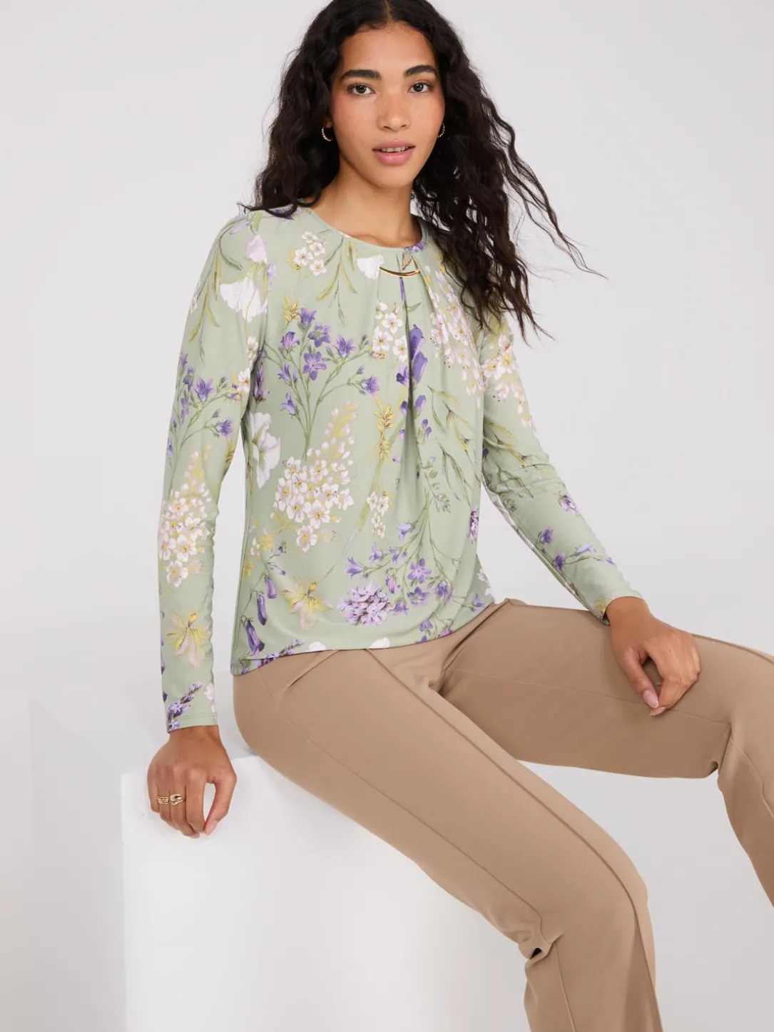 Printed Long Sleeve Top With Metal Detail