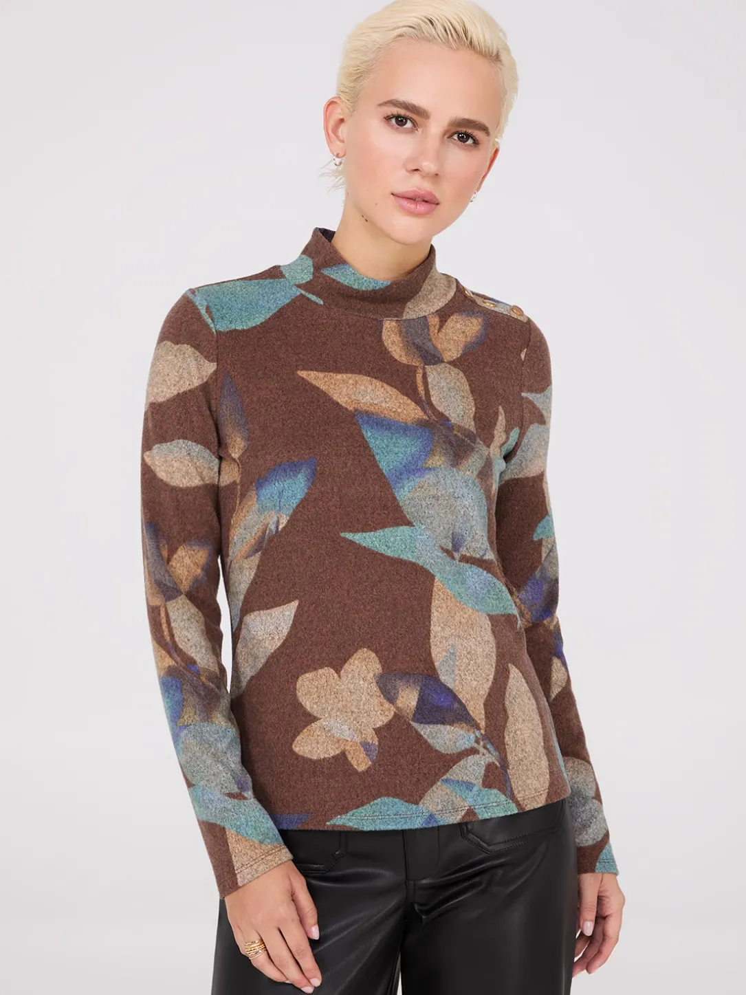 Printed Mock Neck Top With Button Details