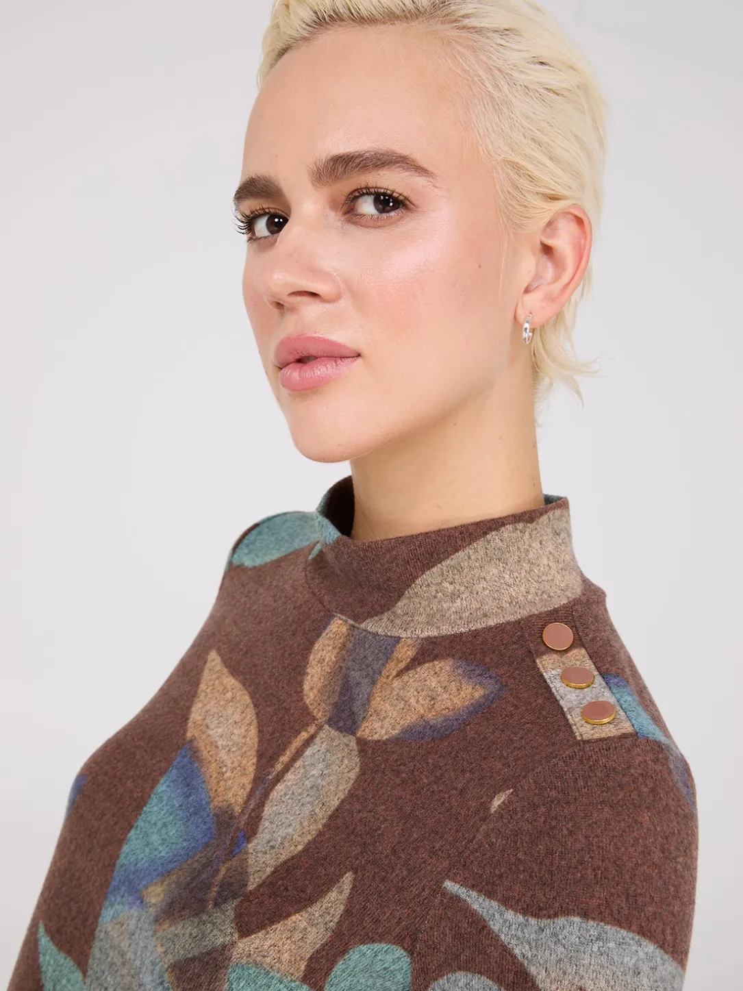 Printed Mock Neck Top With Button Details