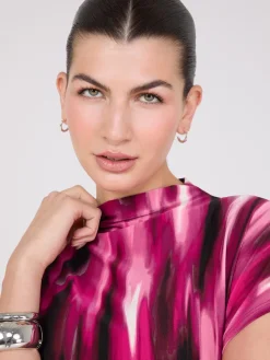 Printed Short Dolman Sleeve Funnel Neck Top