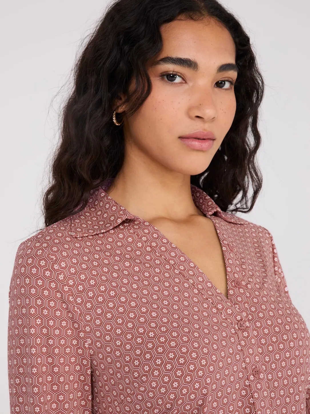Printed Split Neck Button-Down Blouse