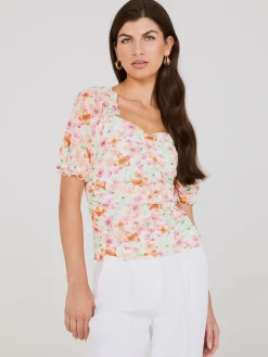 Printed Sweetheart Neckline Top With Puff Sleeves