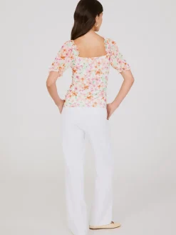 Printed Sweetheart Neckline Top With Puff Sleeves