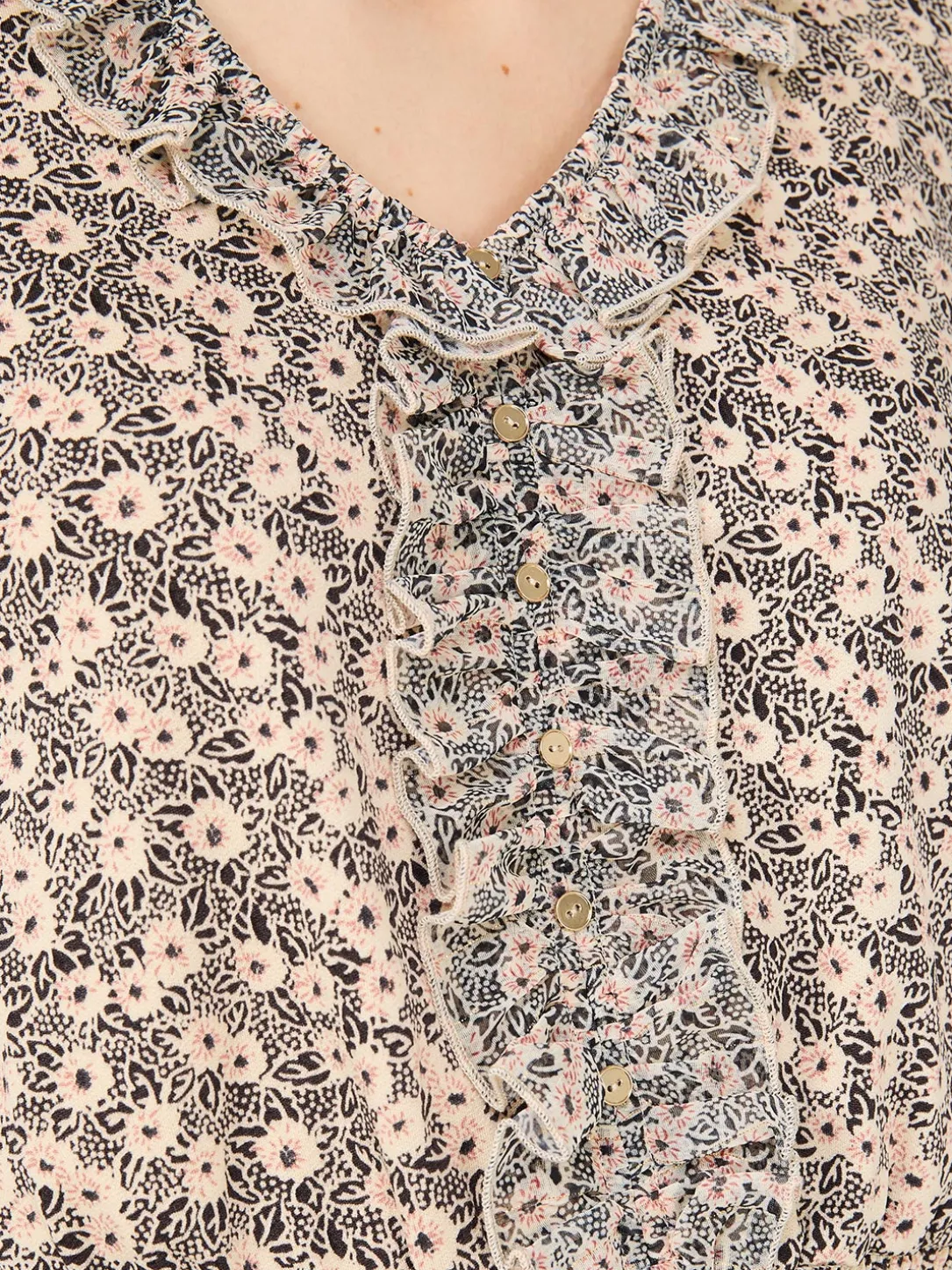 Printed Textured V-Neck Top With Smocked Bottom Band