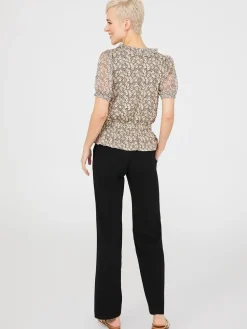 Printed Textured V-Neck Top With Smocked Bottom Band