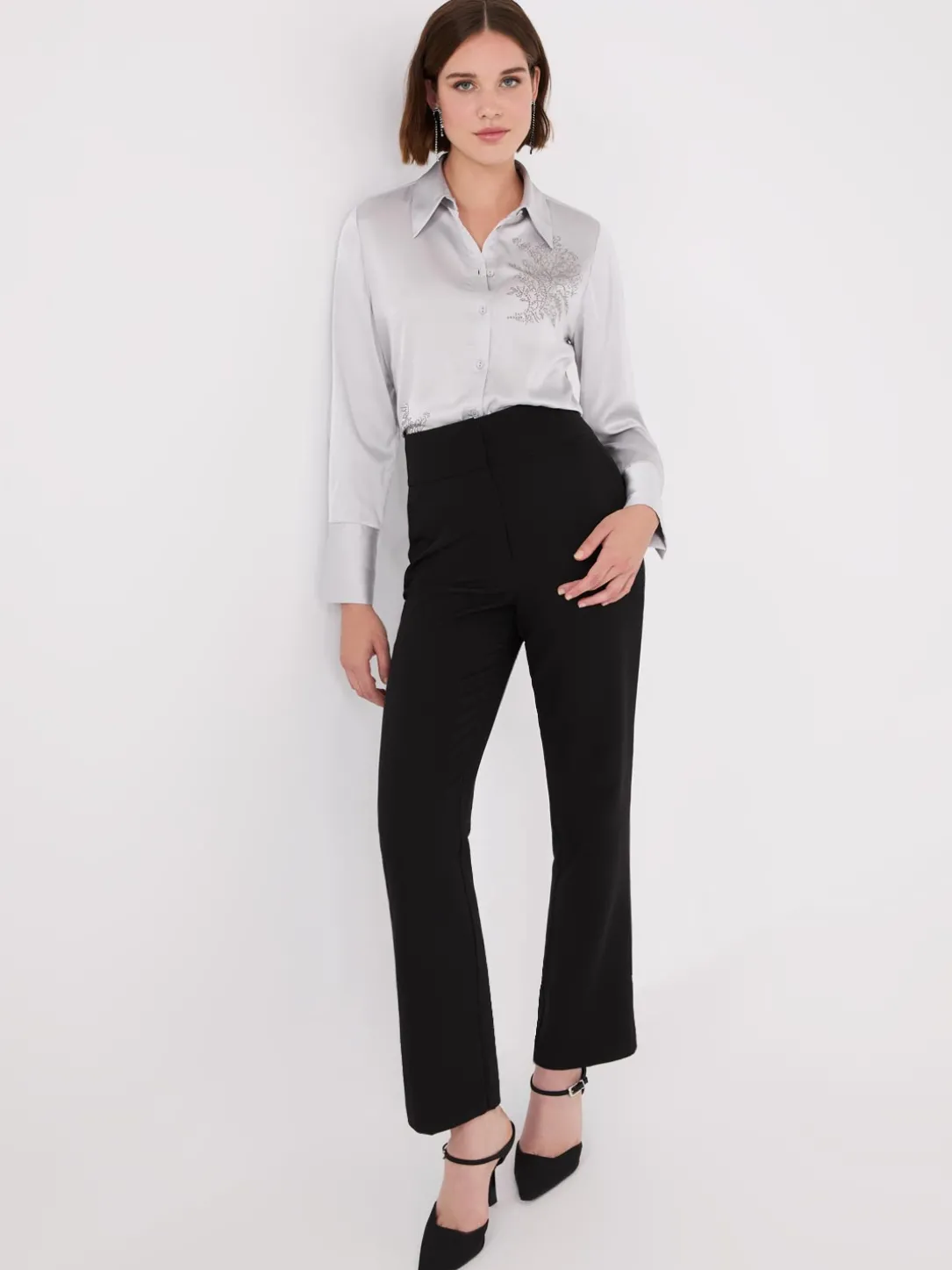 Rhinestone Embellished Button-Front Blouse